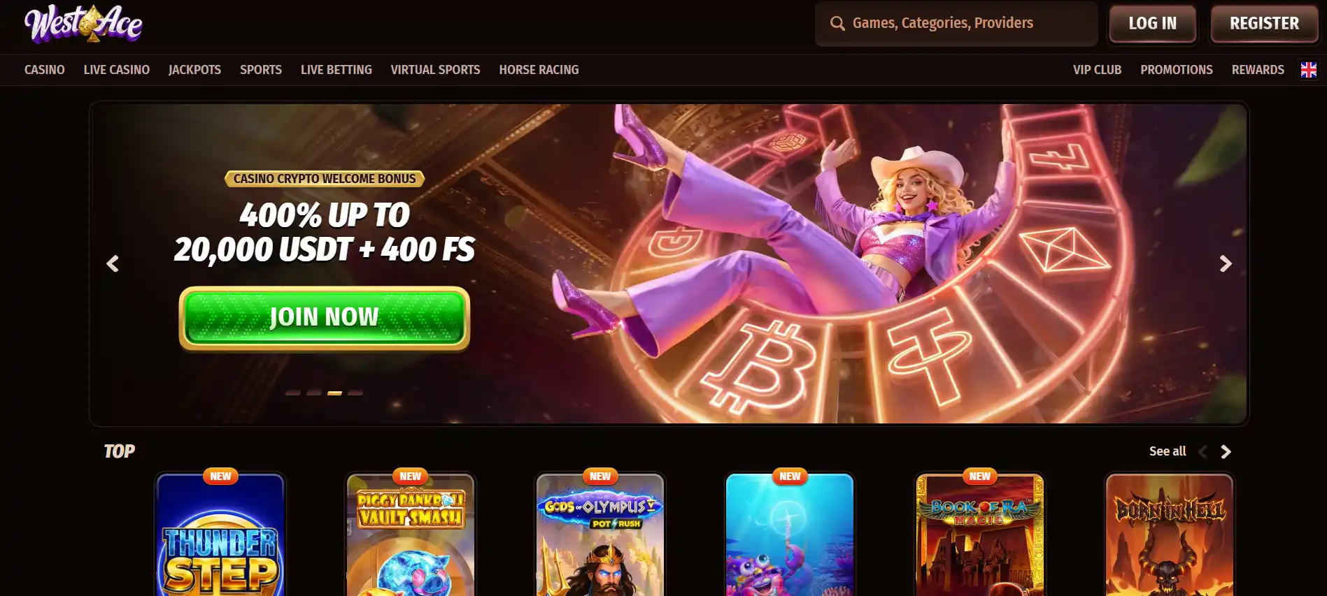 Real Westace homepage capture showing casino, live casino and sports navigation